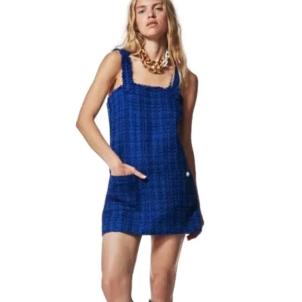 New ZARA Royal Blue Tweed Dress Small